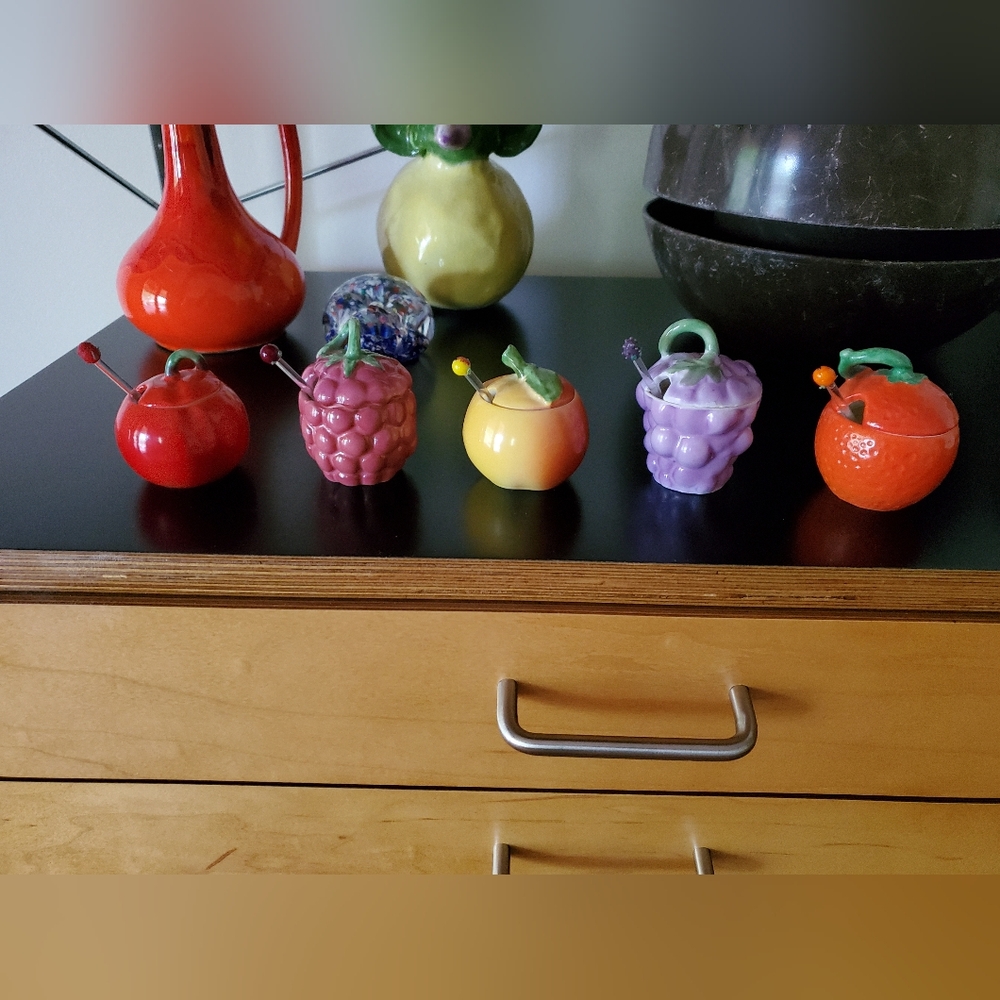 Vintage Fruity Kitsch Czech Sugar/Jam/Jelly/Condiment Ceramic Jars + Spoons